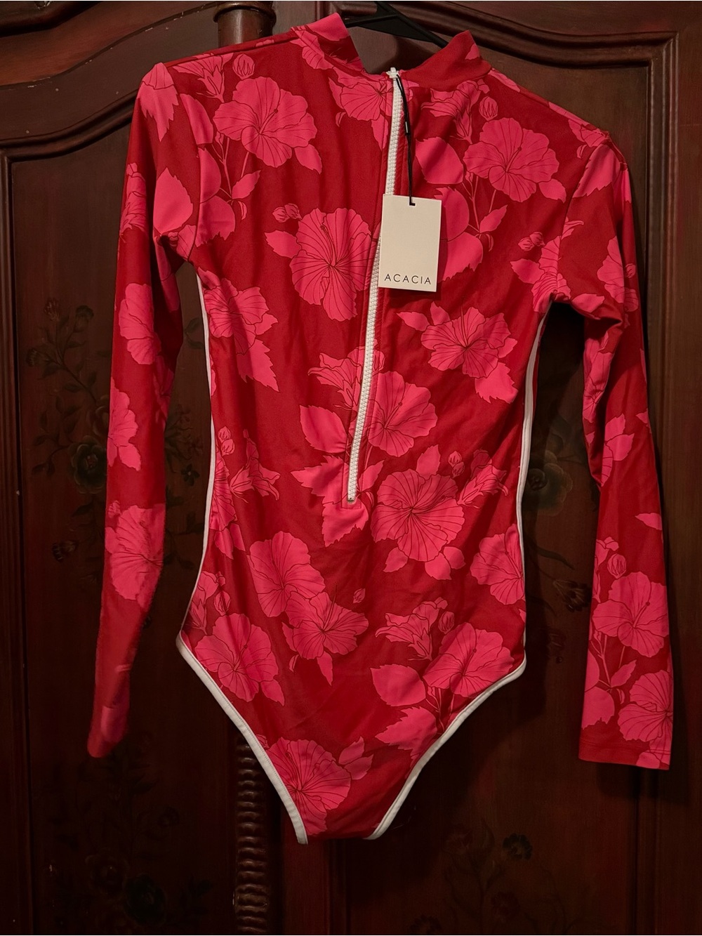 ACACIA Rashguard Long-Sleeve Red Floral One-Piece Surf Suit - Picture 5 of 5